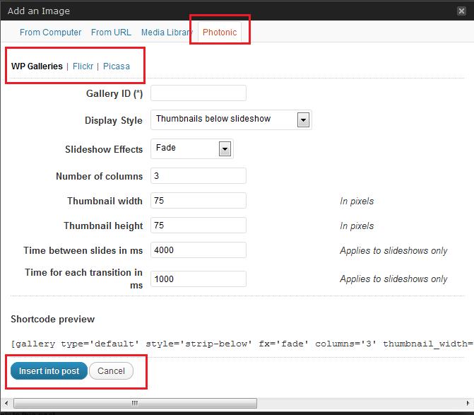Click on the individual tabs for Flickr, Picasa etc.